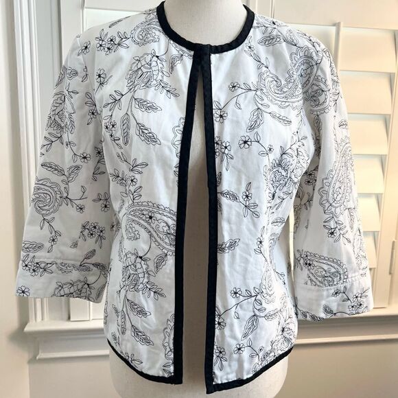 Carole Little Boho Black + White Embroidered Floral + Paisley Jacket Small - Picture 1 of 8